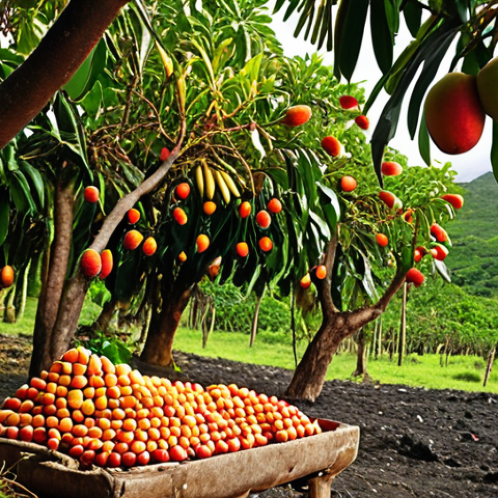 **Prompt 1:** A vibrant and lush tropical landscape in East Timor, showcasing incredibly fertile volcanic soil. The scene features an abundance of ripe, colorful mangoes, papayas, and rambutan hanging from trees, glistening with natural moisture. The lighting is bright and natural, emphasizing the richness and freshness of the fruits. The overall atmosphere should convey natural bounty and unparalleled taste, highlighting the unique ecosystem.
