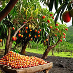 **Prompt 1:** A vibrant and lush tropical landscape in East Timor, showcasing incredibly fertile volcanic soil. The scene features an abundance of ripe, colorful mangoes, papayas, and rambutan hanging from trees, glistening with natural moisture. The lighting is bright and natural, emphasizing the richness and freshness of the fruits. The overall atmosphere should convey natural bounty and unparalleled taste, highlighting the unique ecosystem.