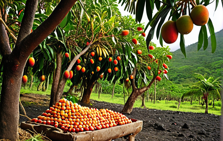 **Prompt 1:** A vibrant and lush tropical landscape in East Timor, showcasing incredibly fertile volcanic soil. The scene features an abundance of ripe, colorful mangoes, papayas, and rambutan hanging from trees, glistening with natural moisture. The lighting is bright and natural, emphasizing the richness and freshness of the fruits. The overall atmosphere should convey natural bounty and unparalleled taste, highlighting the unique ecosystem.