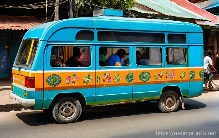 동티모르 여행 경비 - **Vibrant Dili Mikrolets and Street Life:**
A dynamic, eye-level street photography shot in Dili...