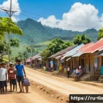 동티모르 스마트폰 사용률 - A vibrant rural village scene in East Timor showing diverse local people, including young adults and...