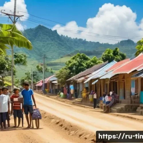 동티모르 스마트폰 사용률 - A vibrant rural village scene in East Timor showing diverse local people, including young adults and...