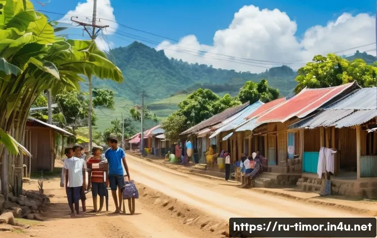 동티모르 스마트폰 사용률 - A vibrant rural village scene in East Timor showing diverse local people, including young adults and...
