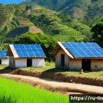 동티모르의 에너지 문제 - A vibrant rural village in East Timor during daytime, showing traditional houses scattered across hi...