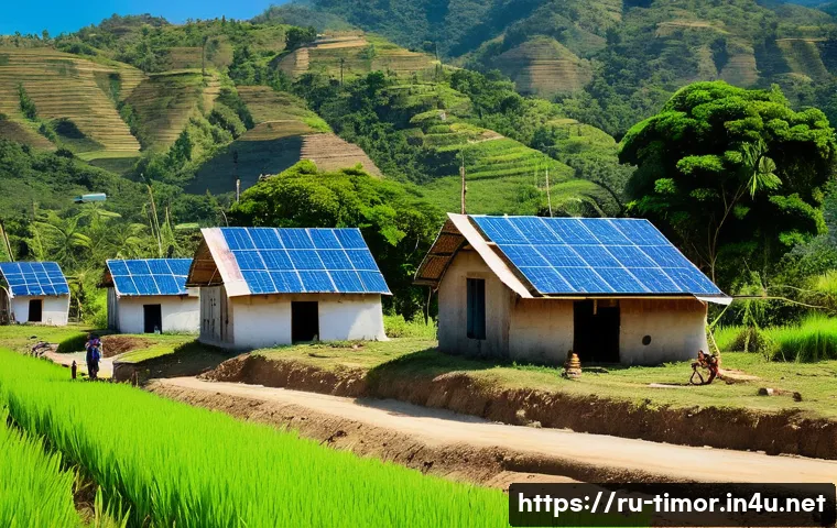 동티모르의 에너지 문제 - A vibrant rural village in East Timor during daytime, showing traditional houses scattered across hi...