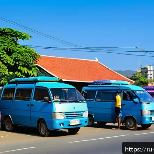 동티모르 대중교통 시스템 - A bustling street scene in Dili, East Timor, showcasing a lineup of colorful minivans (marshrutkas) ...