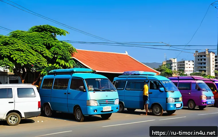 동티모르 대중교통 시스템 - A bustling street scene in Dili, East Timor, showcasing a lineup of colorful minivans (marshrutkas) ...