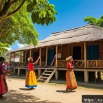 동티모르 영화 산업 - A vibrant scene depicting a traditional East Timorese village festival during the day, with men, wom...