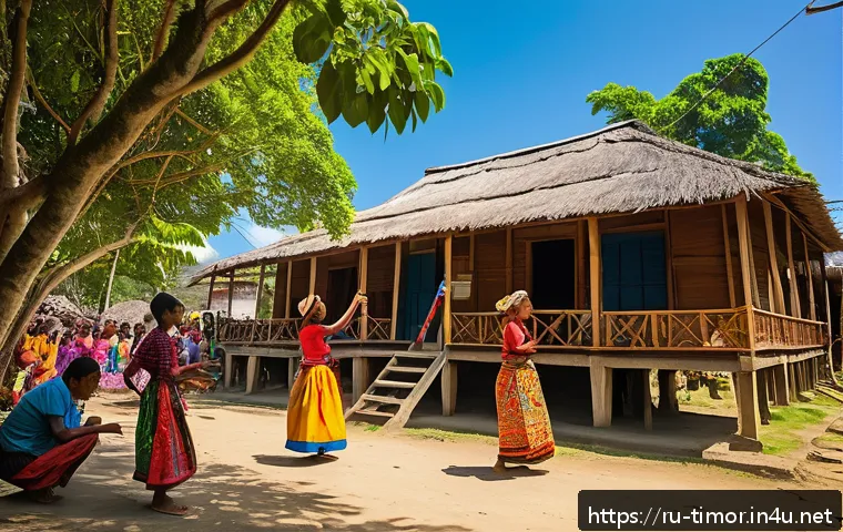 동티모르 영화 산업 - A vibrant scene depicting a traditional East Timorese village festival during the day, with men, wom...