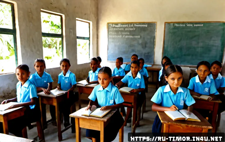 Home 15 동티모르 교육 시스템 - Photorealistic classroom in Dili, Timor-Leste, a warm and attentive Timorese female teacher guiding ...