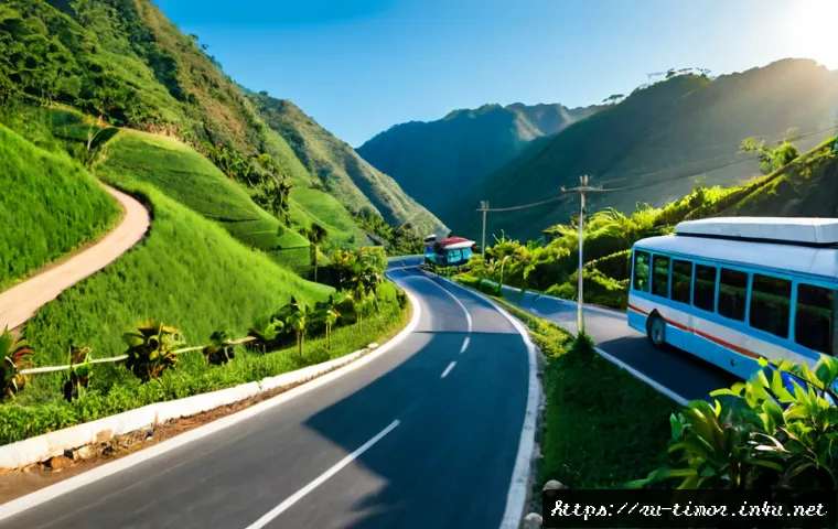Home 16 동티모르 인프라 현황 - Photorealistic wide-angle view of a newly paved rural road in Timor-Leste winding through green trop...